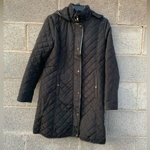 Lauren Ralph Lauren Long Jacket Quilted Lined Diamond Black Zip Hood Size XS